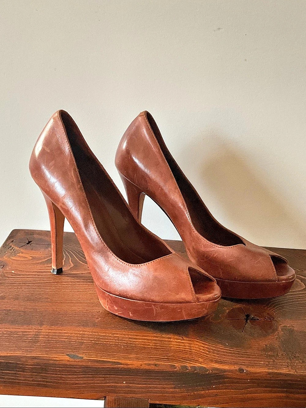 Cole Haan Women's Peep Toe Platform Heels Brown US 7.5